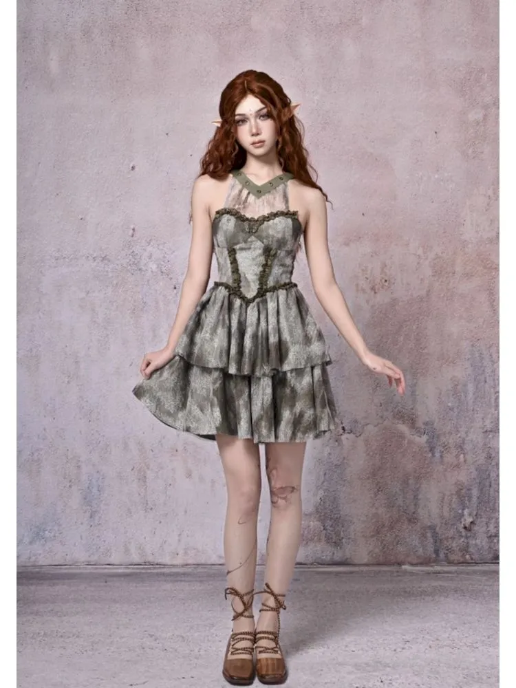 Tie-Dye Printed Lace Neck Cake Dress【s0000007671】
