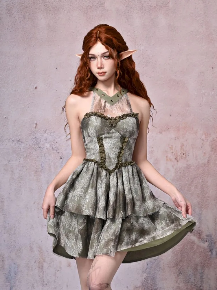 Tie-Dye Printed Lace Neck Cake Dress【s0000007671】