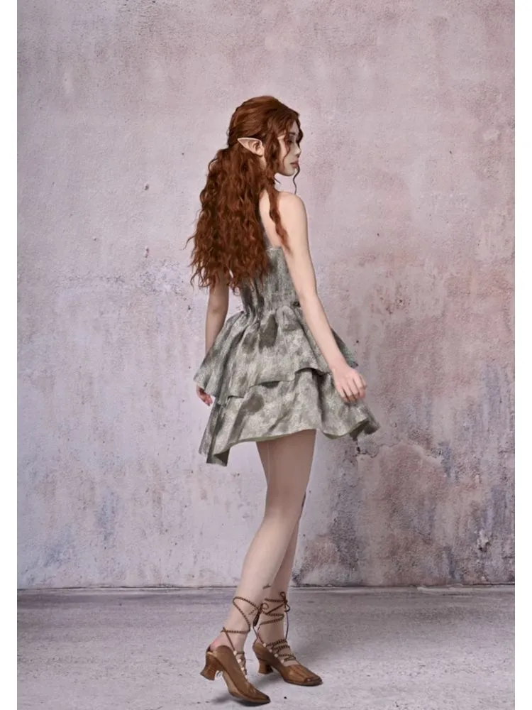 Tie-Dye Printed Lace Neck Cake Dress【s0000007671】