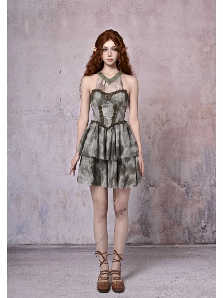 Tie-Dye Printed Lace Neck Cake Dress【s0000007671】