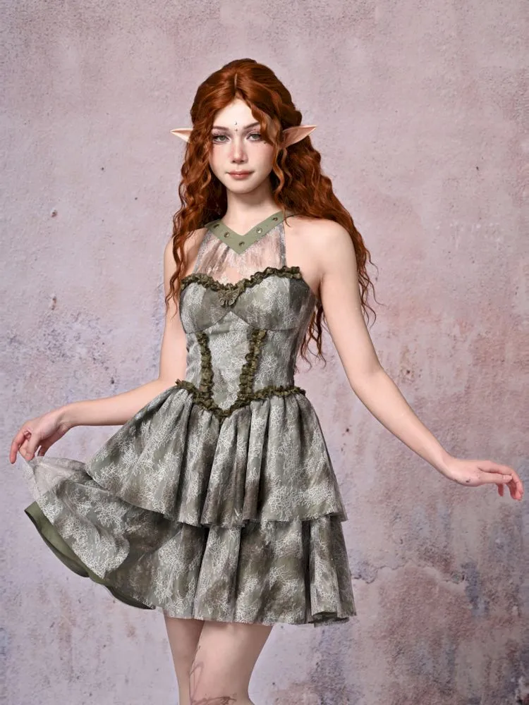 Tie-Dye Printed Lace Neck Cake Dress【s0000007671】