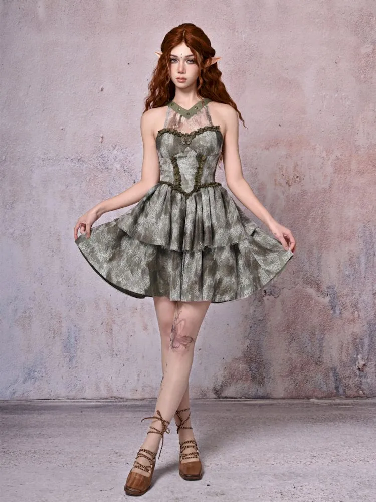 Tie-Dye Printed Lace Neck Cake Dress【s0000007671】