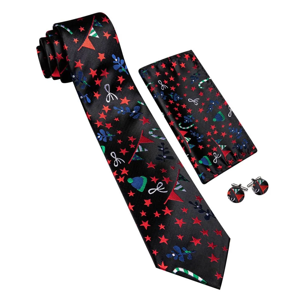 Ties2you Black Red Christmas Star Lights Men's Tie Pocket Square Cufflinks Set