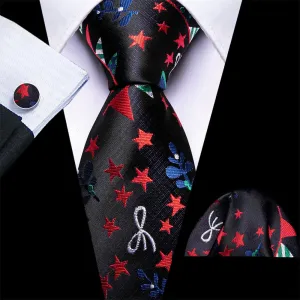 Ties2you Black Red Christmas Star Lights Men's Tie Pocket Square Cufflinks Set