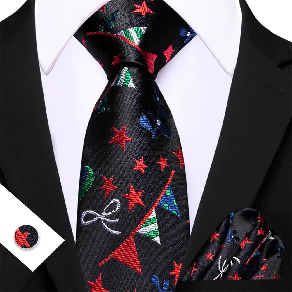 Ties2you Black Red Christmas Star Lights Men's Tie Pocket Square Cufflinks Set