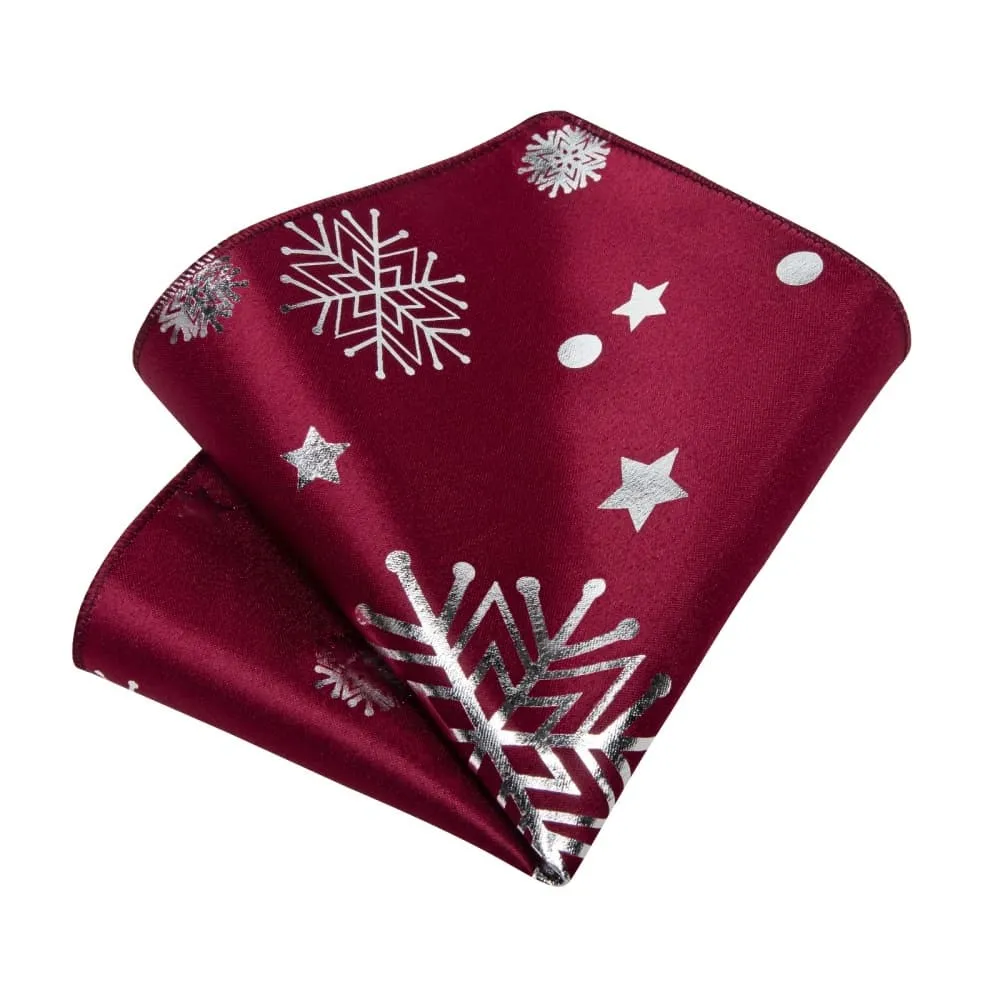 Ties2you Dark Red White Christmas Snowflake Necktie Pocket Square Cufflinks Set