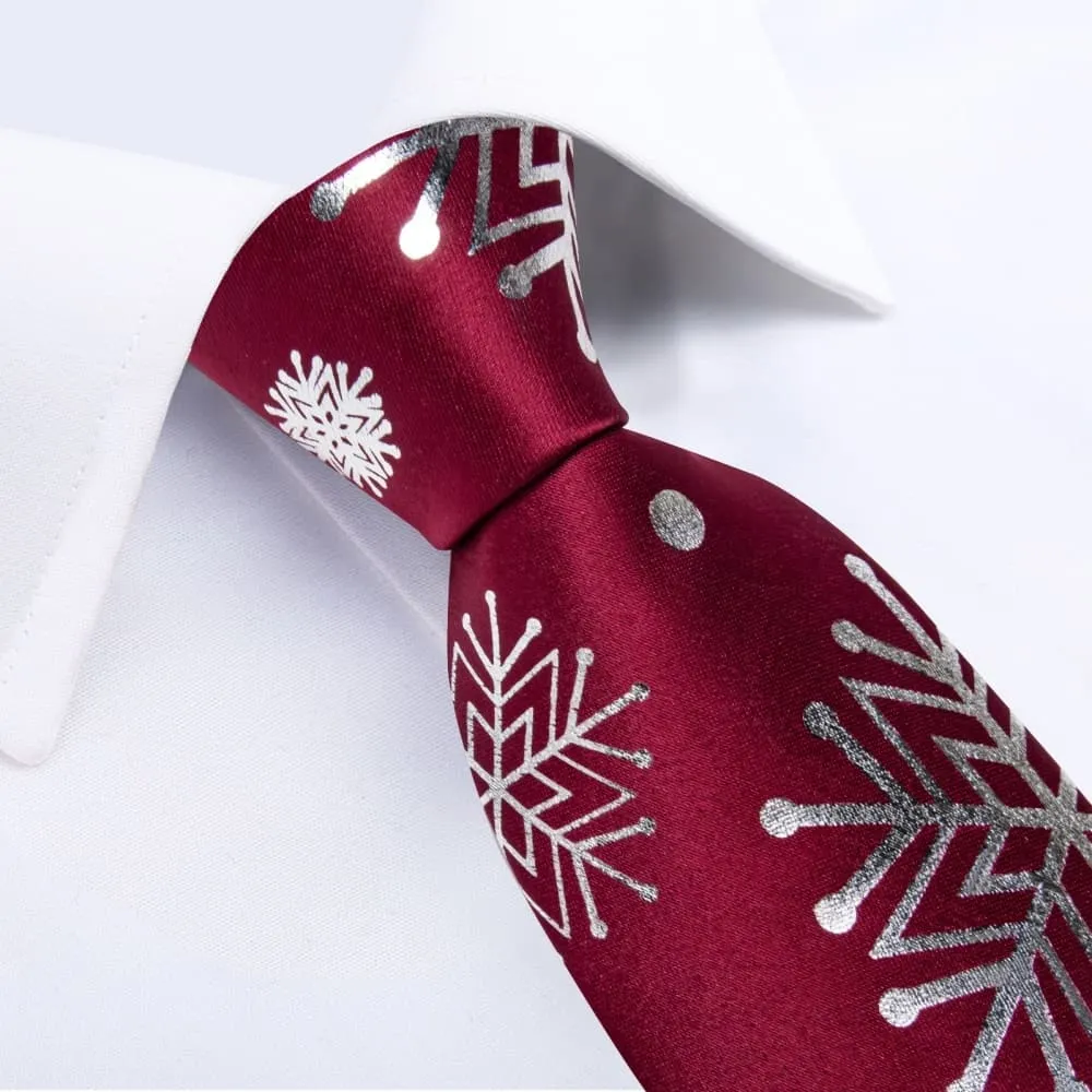 Ties2you Dark Red White Christmas Snowflake Necktie Pocket Square Cufflinks Set