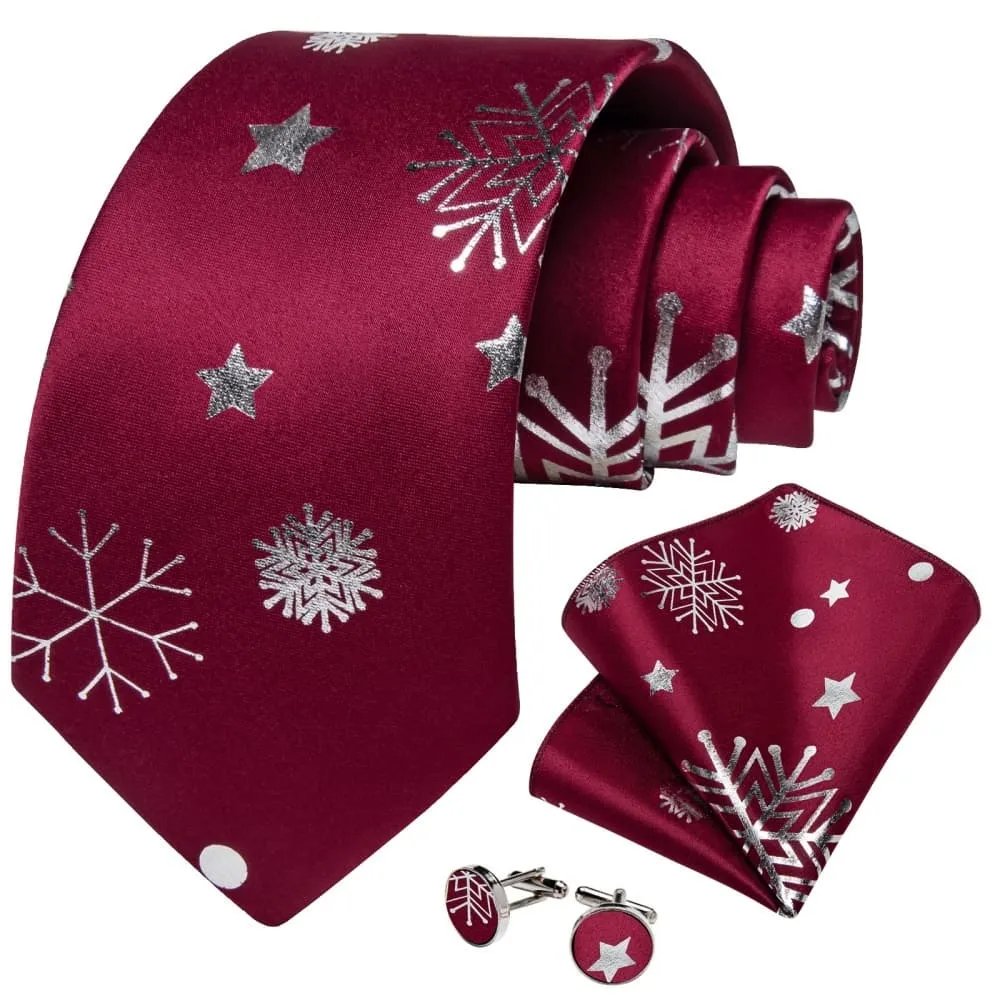 Ties2you Dark Red White Christmas Snowflake Necktie Pocket Square Cufflinks Set