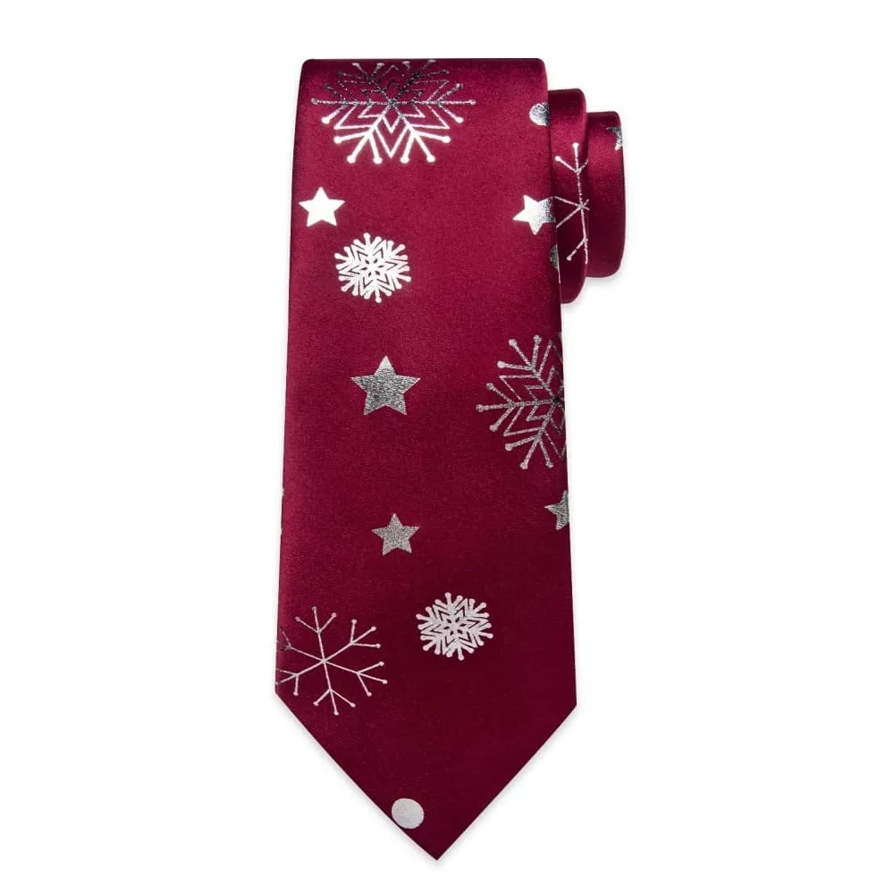 Ties2you Dark Red White Christmas Snowflake Necktie Pocket Square Cufflinks Set