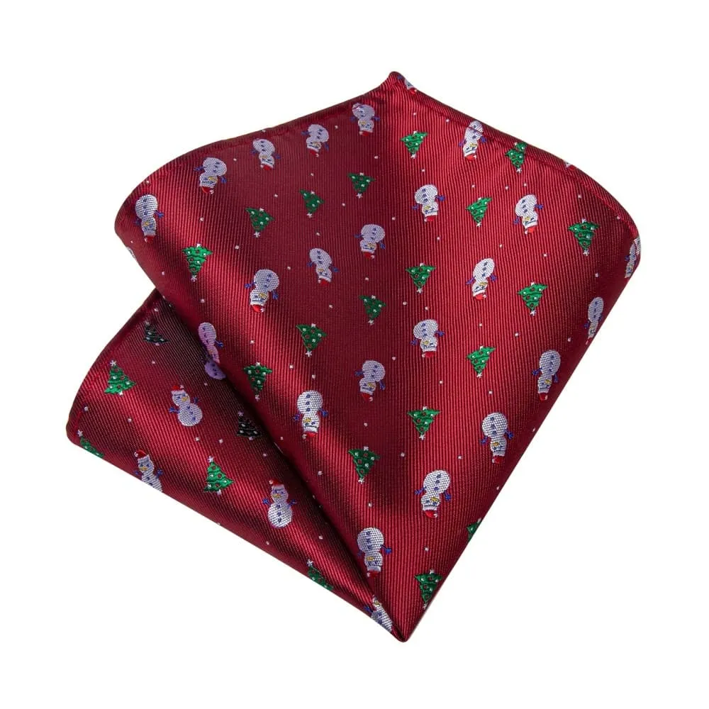 Ties2you Red Christmas Tree Snowman Necktie Pocket Square Cufflinks Set