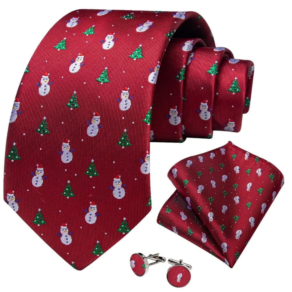 Ties2you Red Christmas Tree Snowman Necktie Pocket Square Cufflinks Set