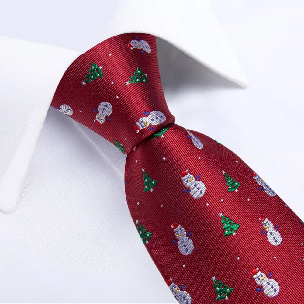 Ties2you Red Christmas Tree Snowman Necktie Pocket Square Cufflinks Set