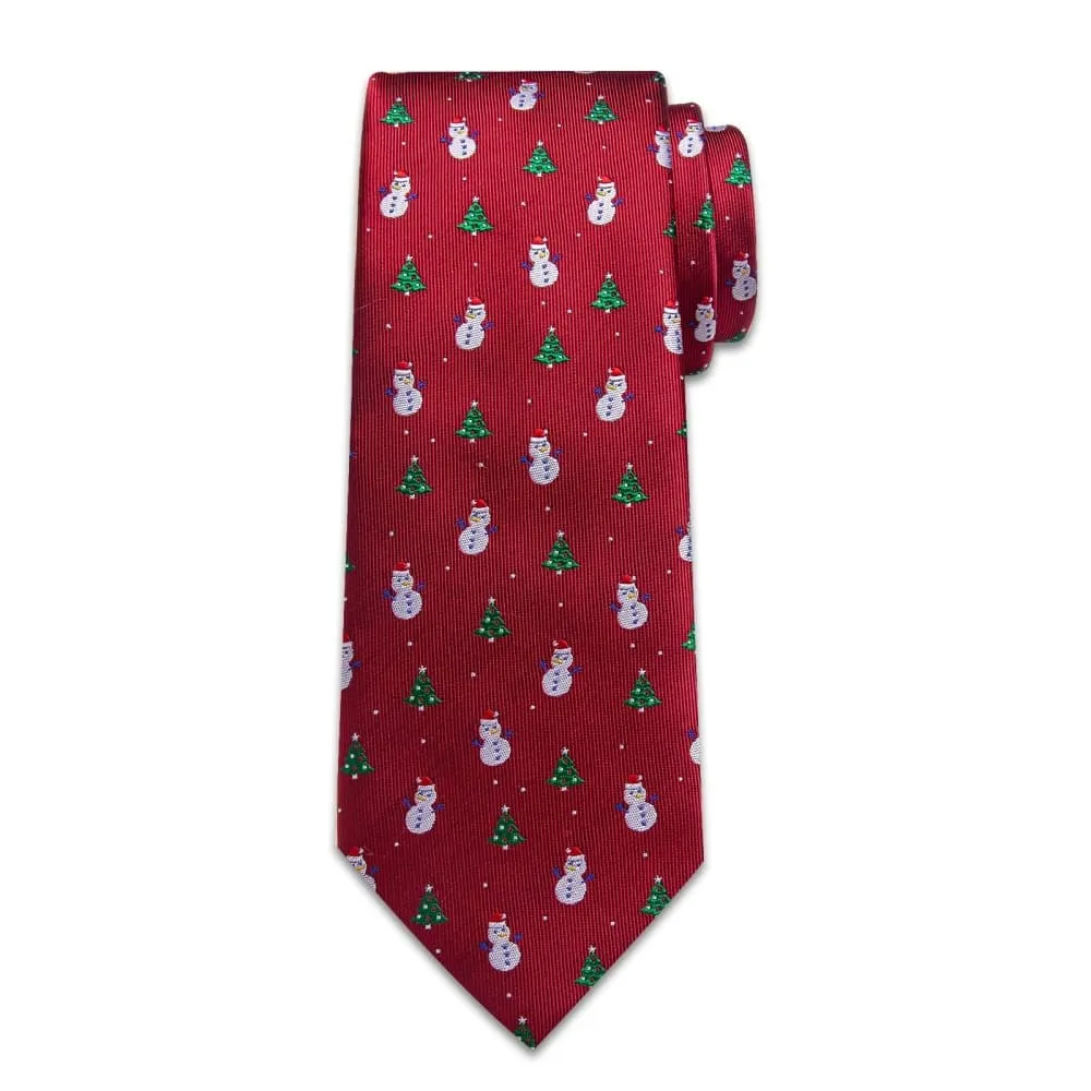 Ties2you Red Christmas Tree Snowman Necktie Pocket Square Cufflinks Set