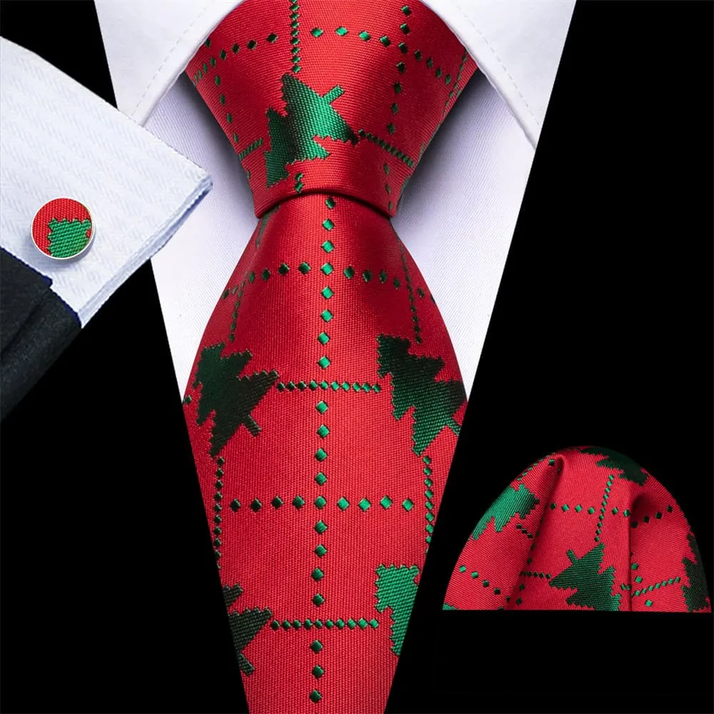 Ties2you Red Green Plaid Christmas Tree Men's Tie Pocket Square Cufflinks Set