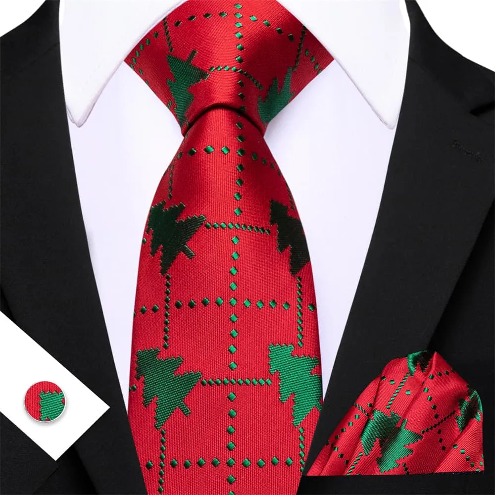 Ties2you Red Green Plaid Christmas Tree Men's Tie Pocket Square Cufflinks Set