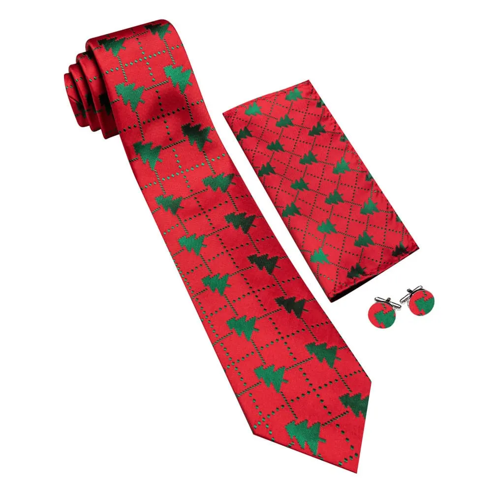 Ties2you Red Green Plaid Christmas Tree Men's Tie Pocket Square Cufflinks Set