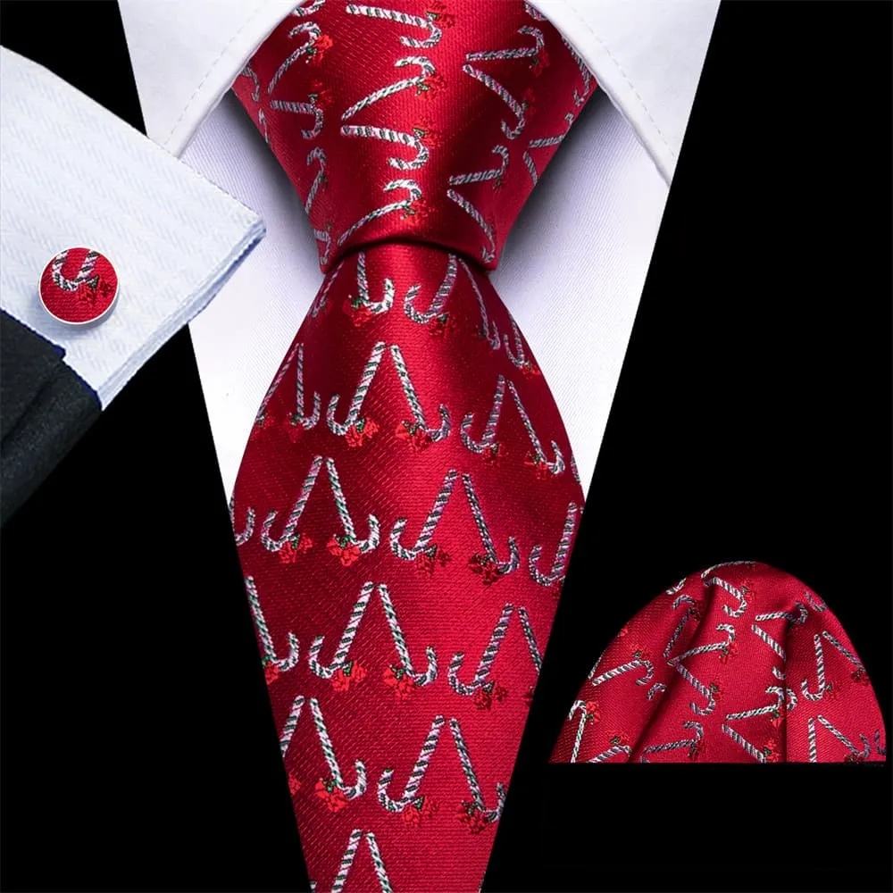 Ties2you Red White Christmas Candy Cane Necktie Pocket Square Cufflinks Set