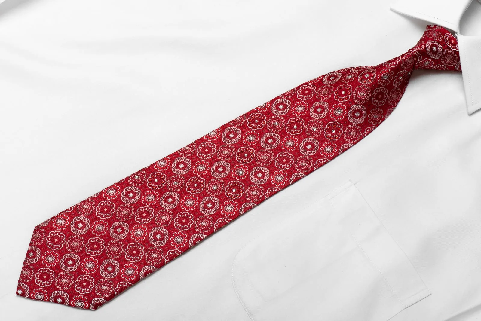 Tino Cosma Mens Crystal Silk Tie Medallions On Red Sparkling With Rhinestones