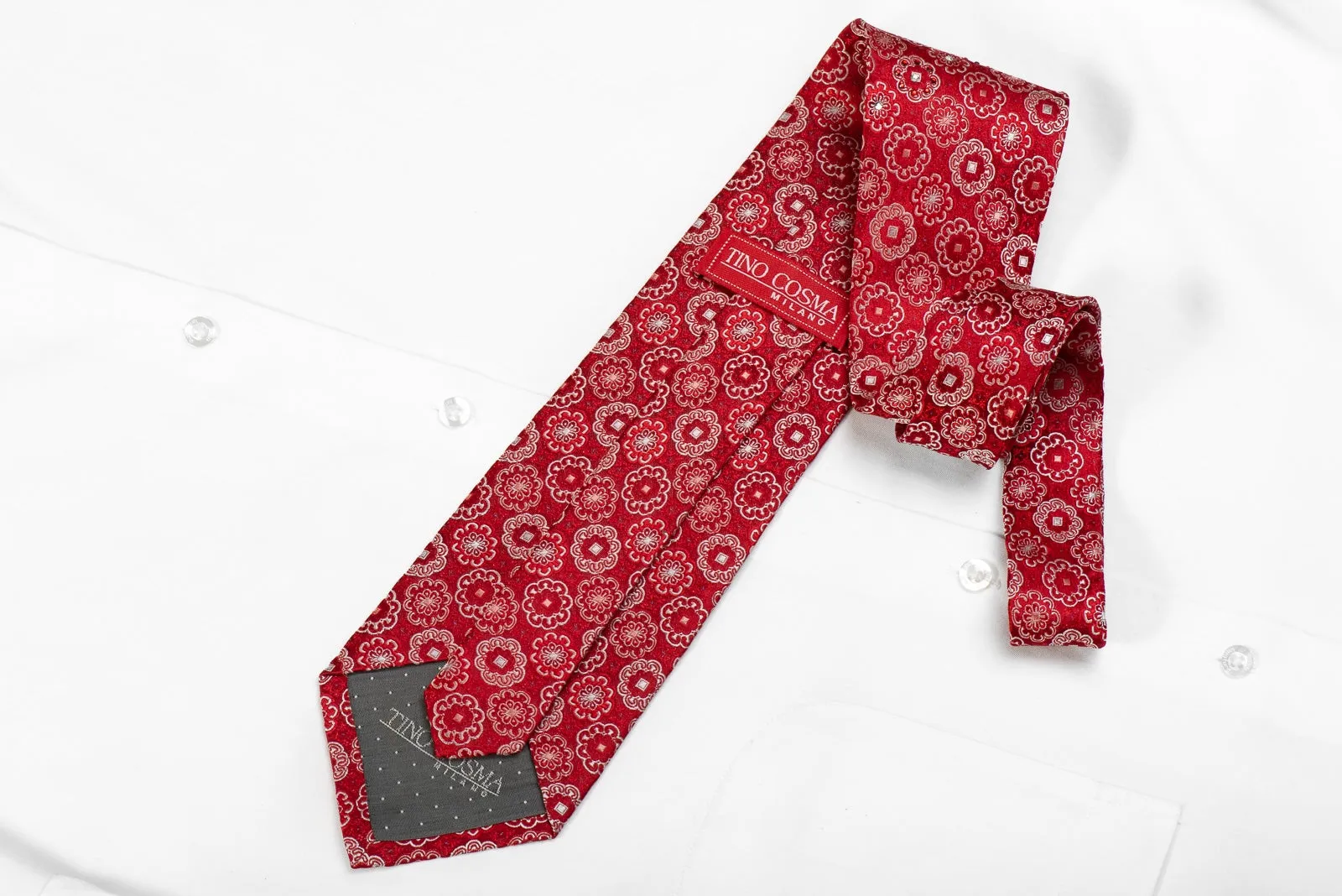 Tino Cosma Mens Crystal Silk Tie Medallions On Red Sparkling With Rhinestones