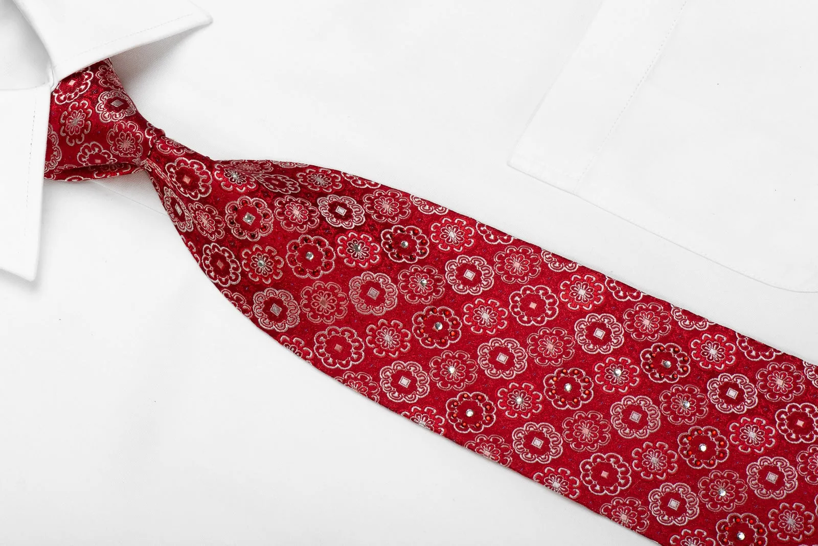 Tino Cosma Mens Crystal Silk Tie Medallions On Red Sparkling With Rhinestones