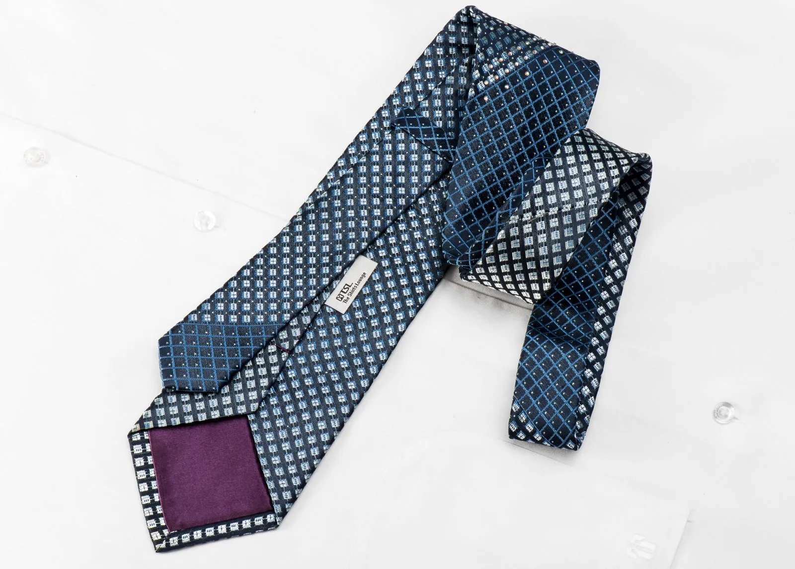 TLS Men's Crystal Silk Necktie Silver Checker Trellis On Blue With Sparkles