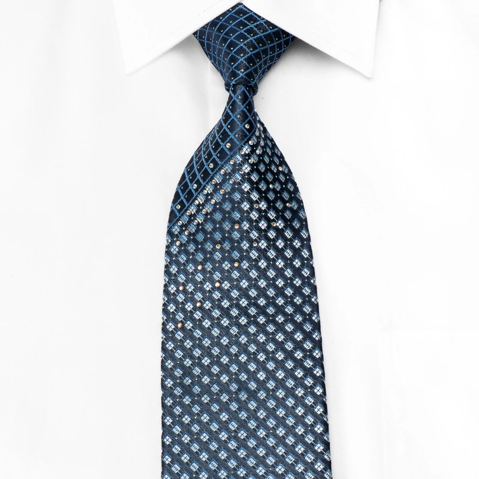 TLS Men's Crystal Silk Necktie Silver Checker Trellis On Blue With Sparkles