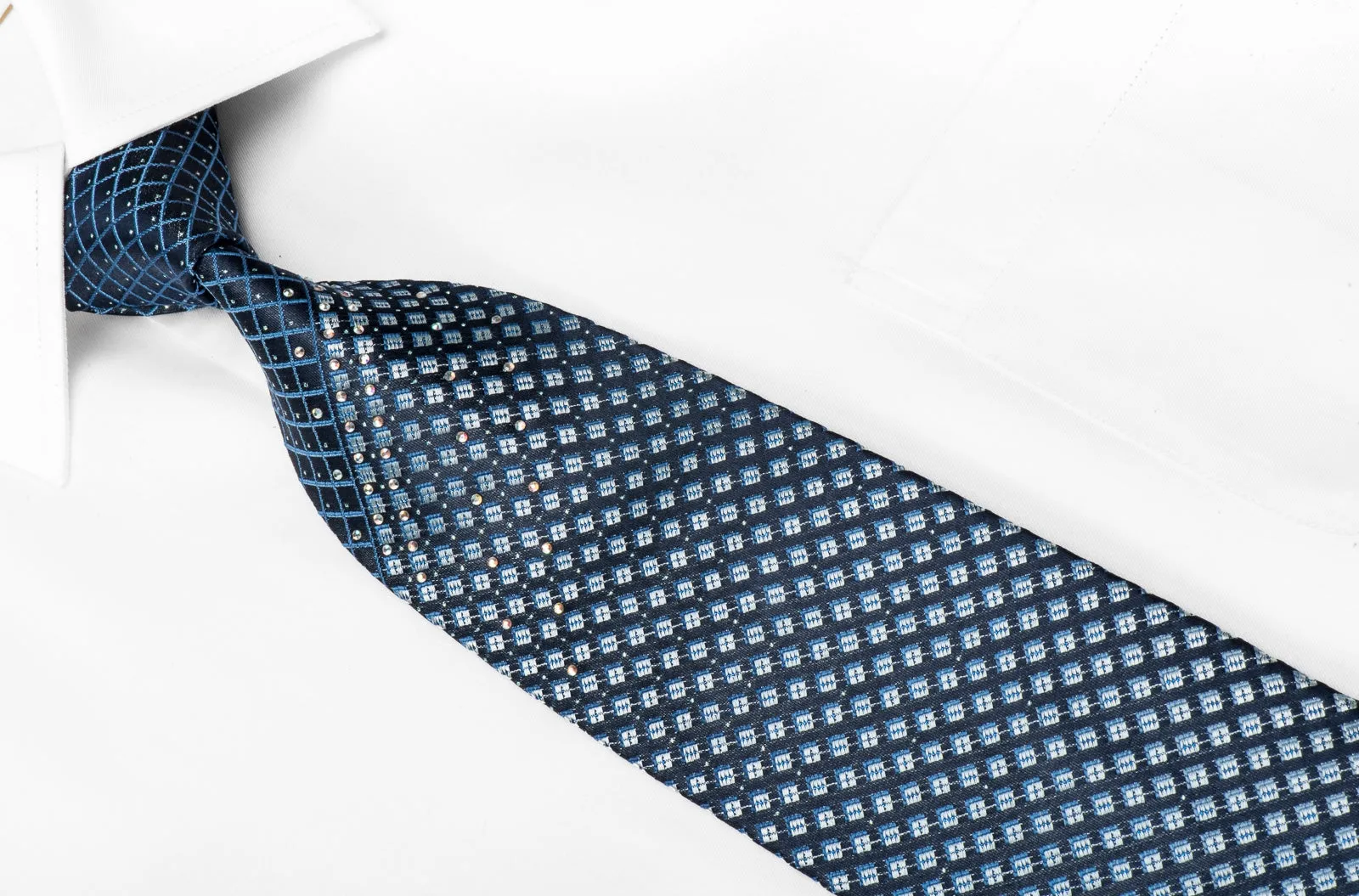 TLS Men's Crystal Silk Necktie Silver Checker Trellis On Blue With Sparkles