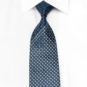 TLS Men's Crystal Silk Necktie Silver Checker Trellis On Blue With Sparkles