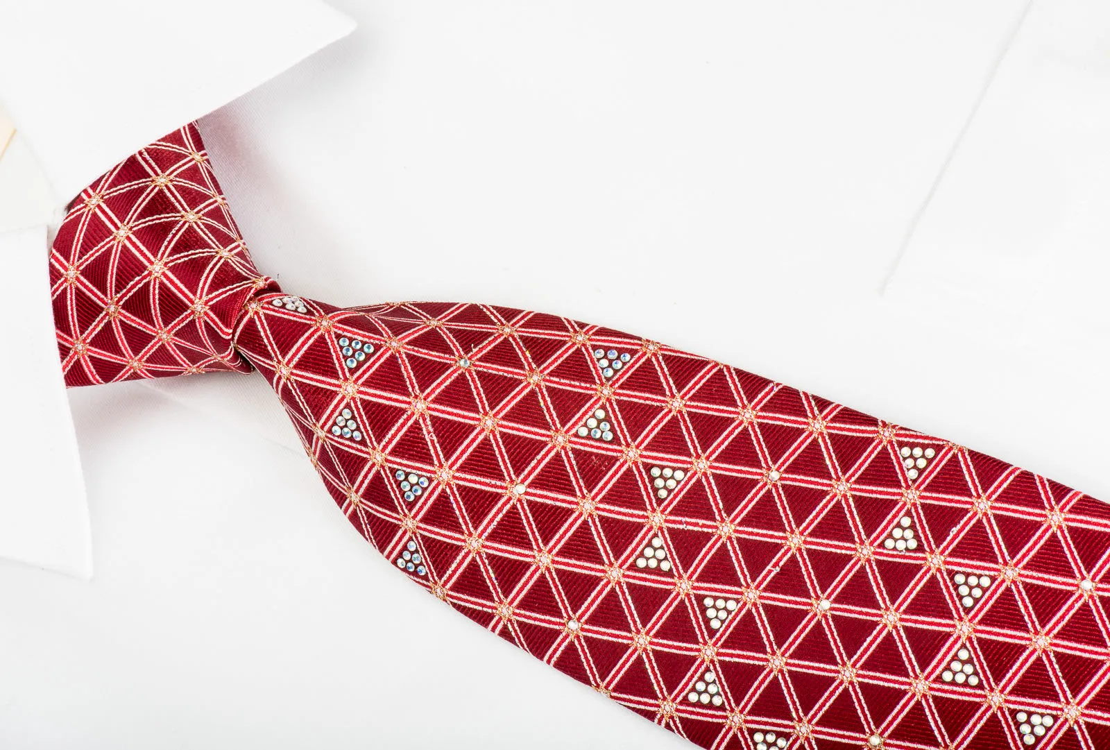 TLS Rhinestone Silk Necktie Trellis On Red With Silver Sparkles