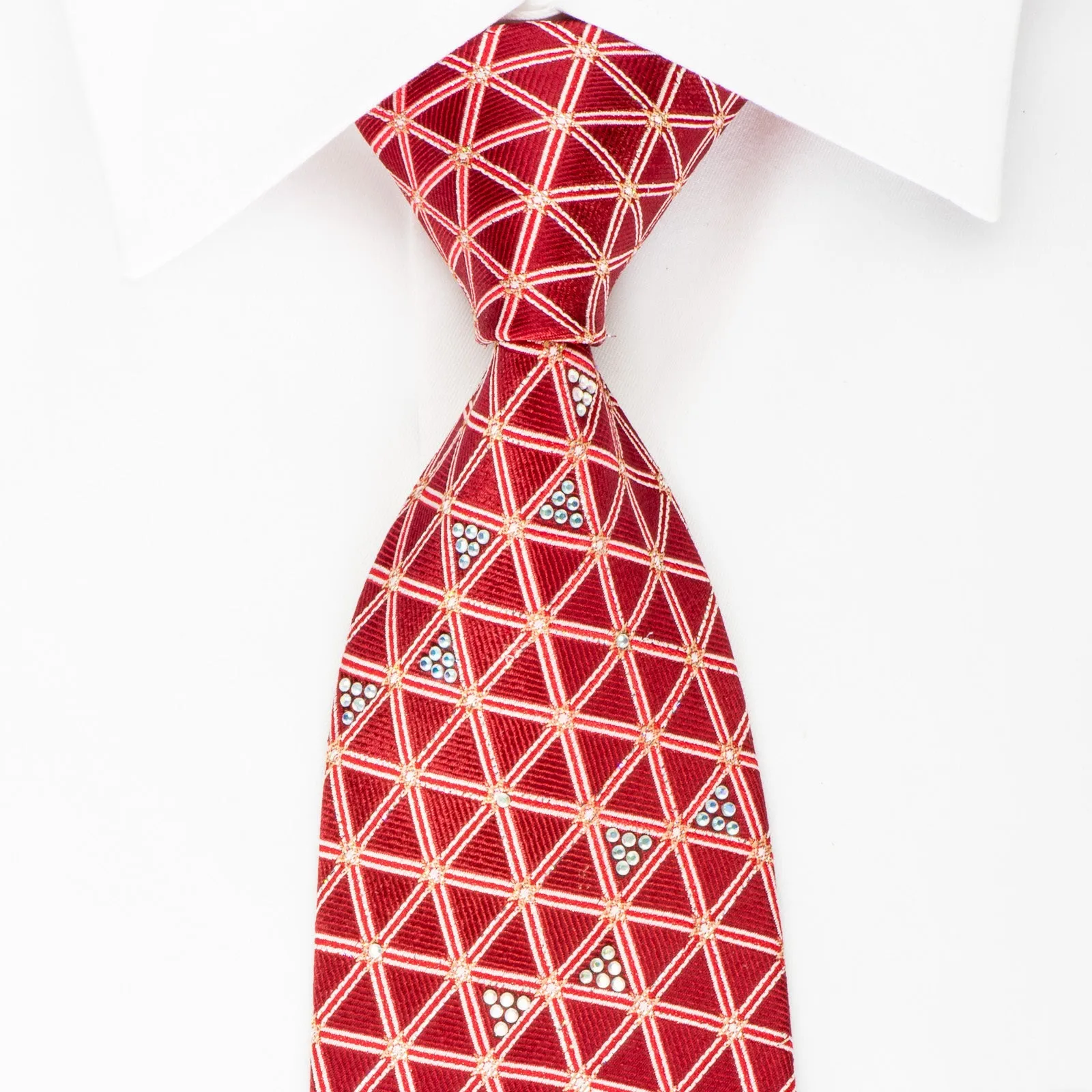 TLS Rhinestone Silk Necktie Trellis On Red With Silver Sparkles