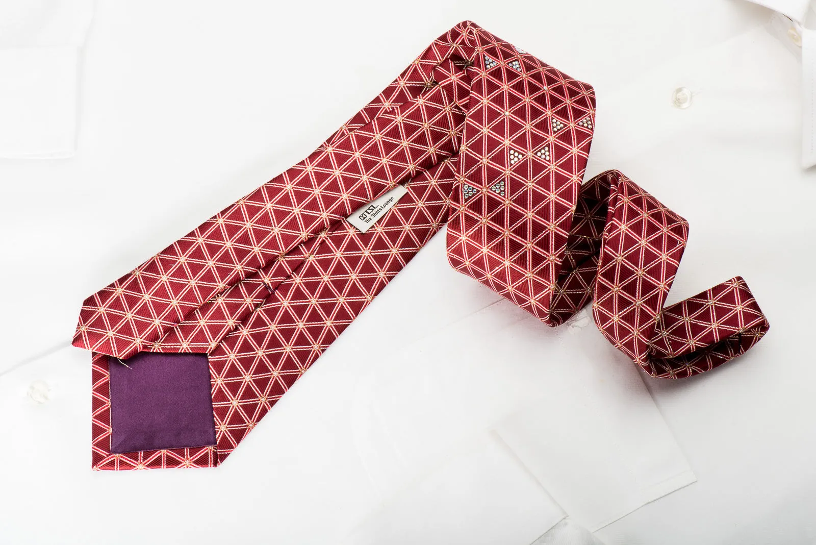 TLS Rhinestone Silk Necktie Trellis On Red With Silver Sparkles