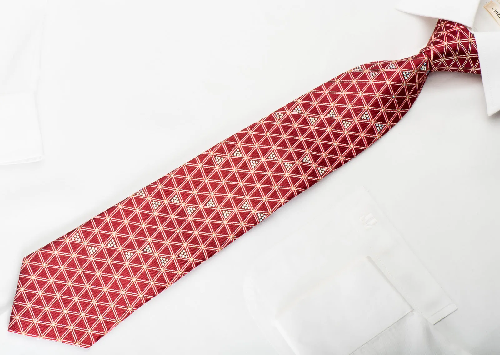 TLS Rhinestone Silk Necktie Trellis On Red With Silver Sparkles