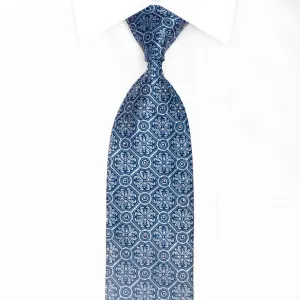 Trellis & Cartouche On Blue Rhinestone Silk Necktie With Sparkles