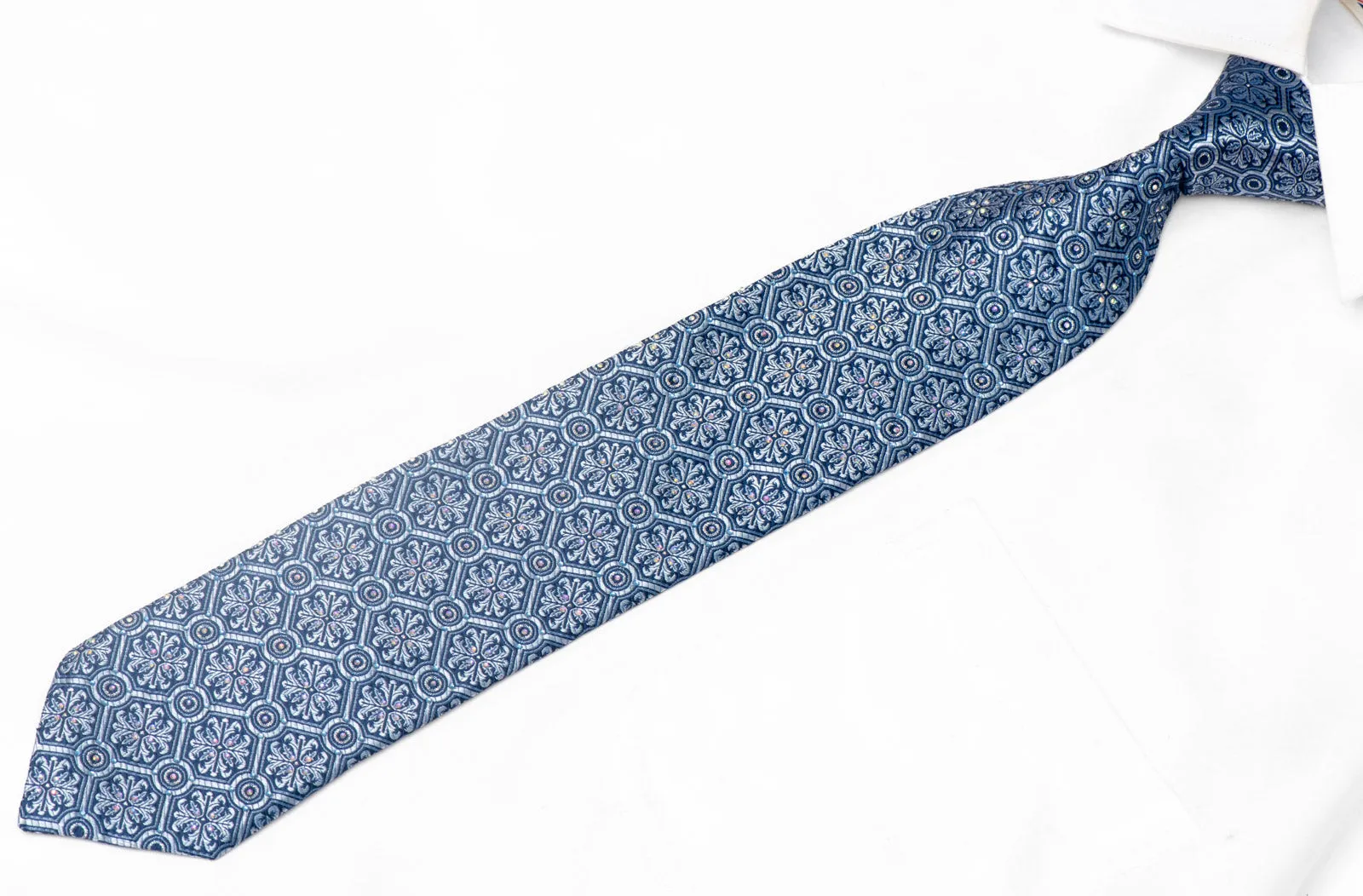 Trellis & Cartouche On Blue Rhinestone Silk Necktie With Sparkles