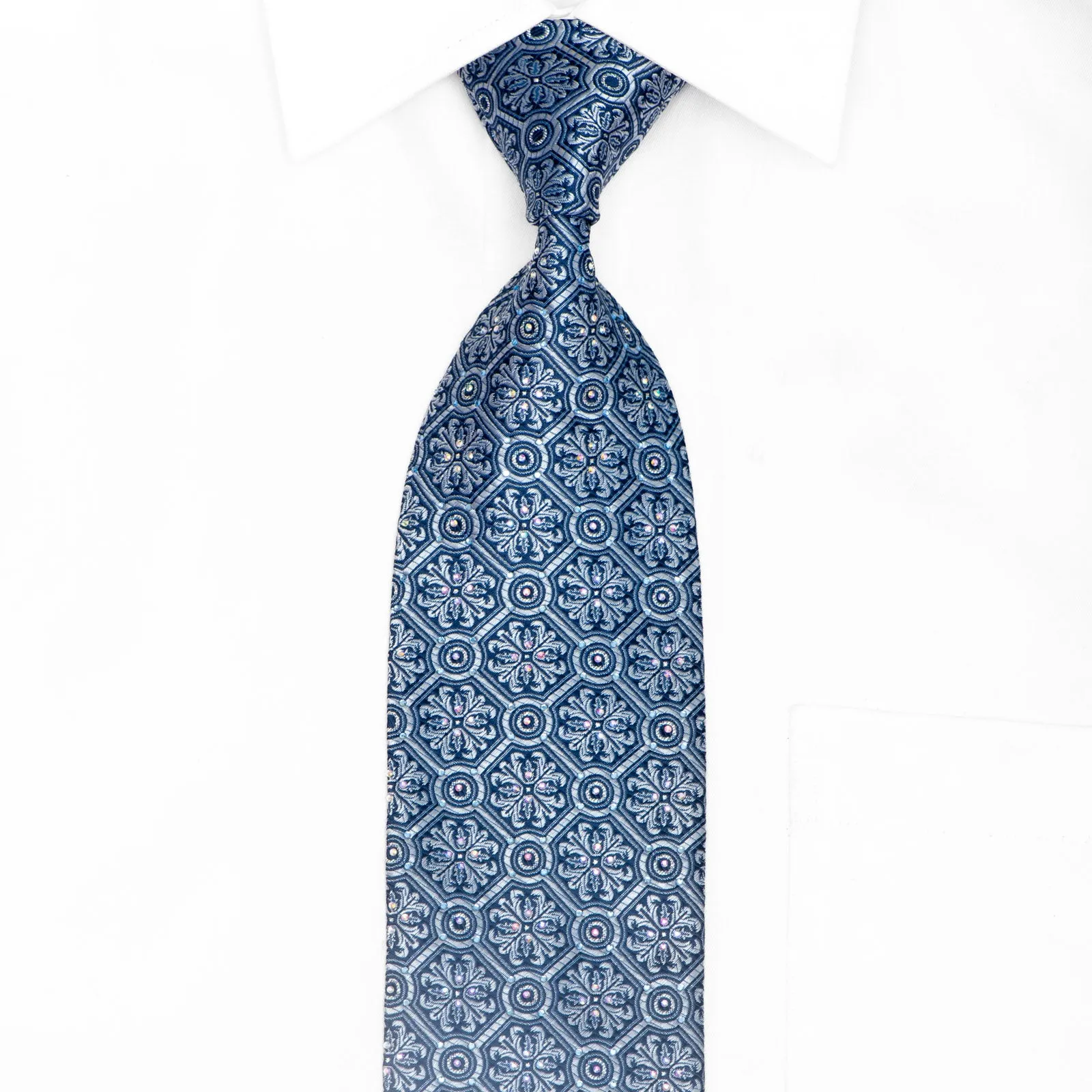 Trellis & Cartouche On Blue Rhinestone Silk Necktie With Sparkles