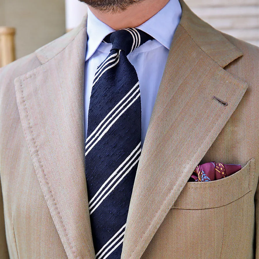 Triple Bar Shantung Silk Tie - Navy - Hand-Rolled