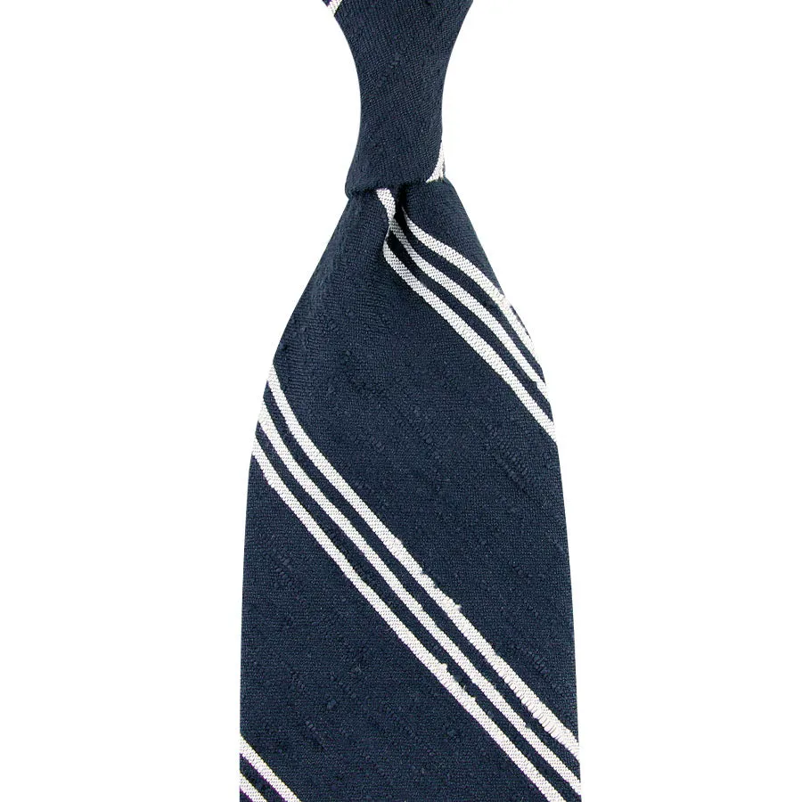Triple Bar Shantung Silk Tie - Navy - Hand-Rolled