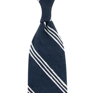Triple Bar Shantung Silk Tie - Navy - Hand-Rolled