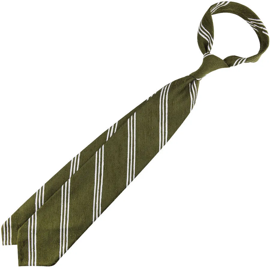 Triple Bar Shantung Silk Tie - Olive - Hand-Rolled