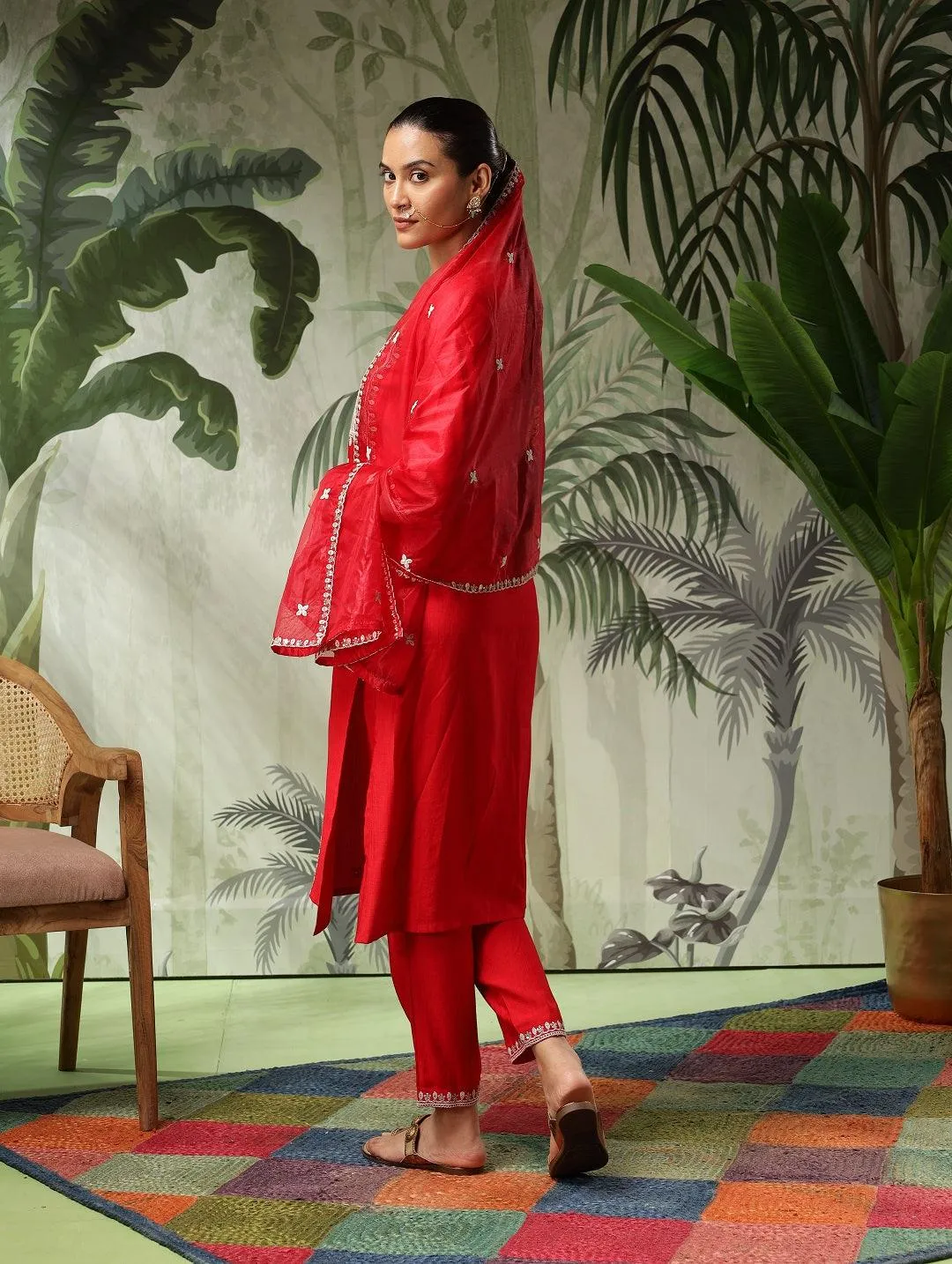 Trisha Red Muslin Embroidered Kurta Set with Dupatta