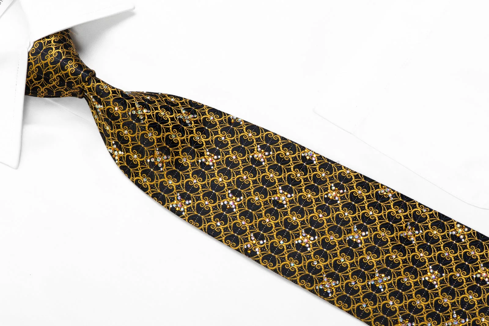 Ungaro Gold Filigree On Black Silk Tie With Rhinestones & Sparkles