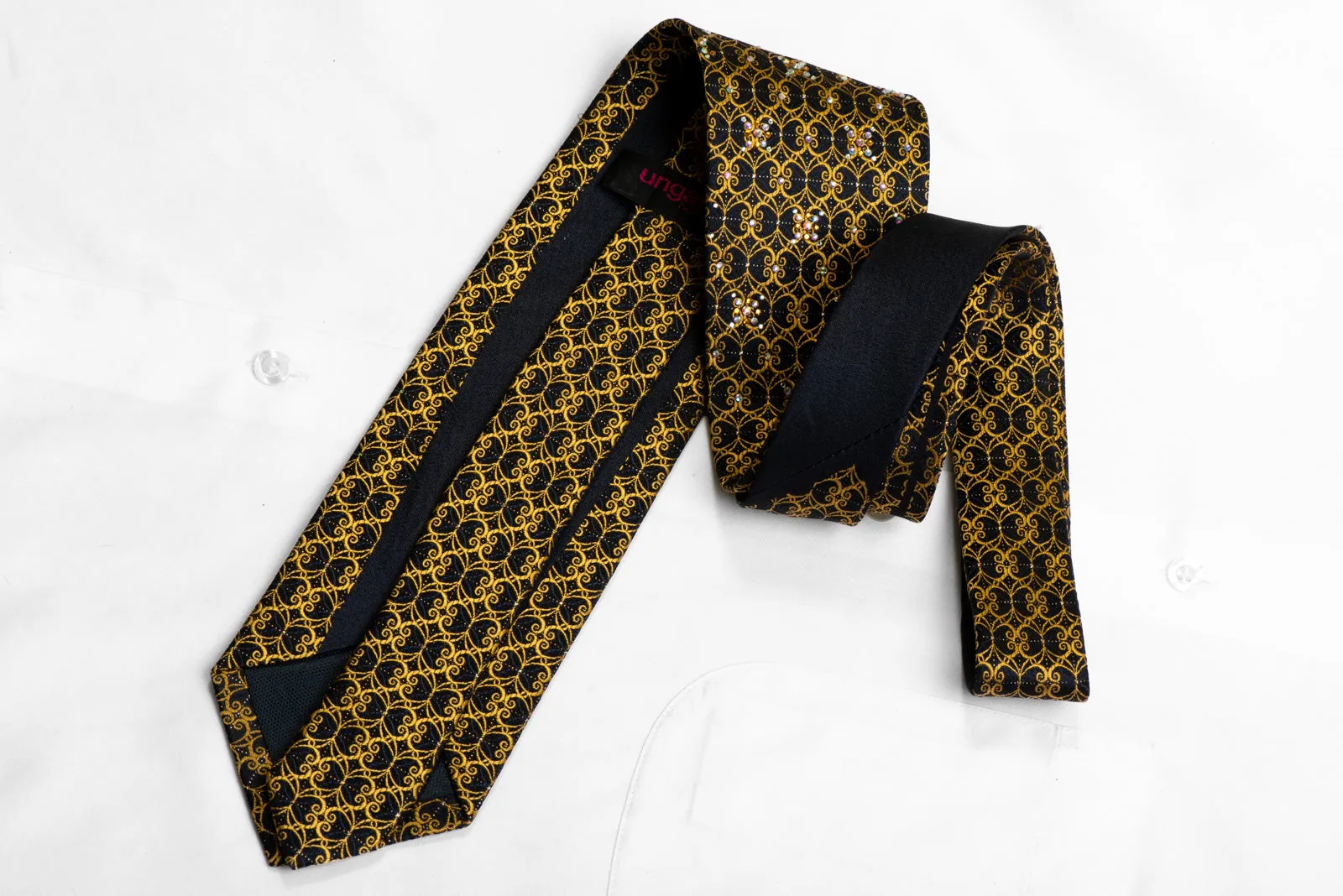 Ungaro Gold Filigree On Black Silk Tie With Rhinestones & Sparkles