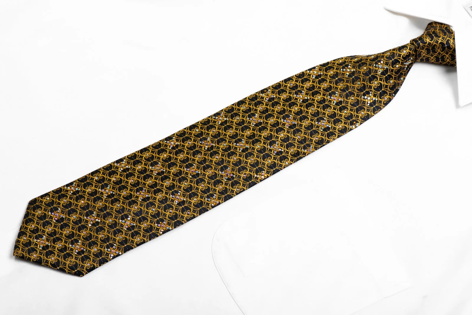 Ungaro Gold Filigree On Black Silk Tie With Rhinestones & Sparkles