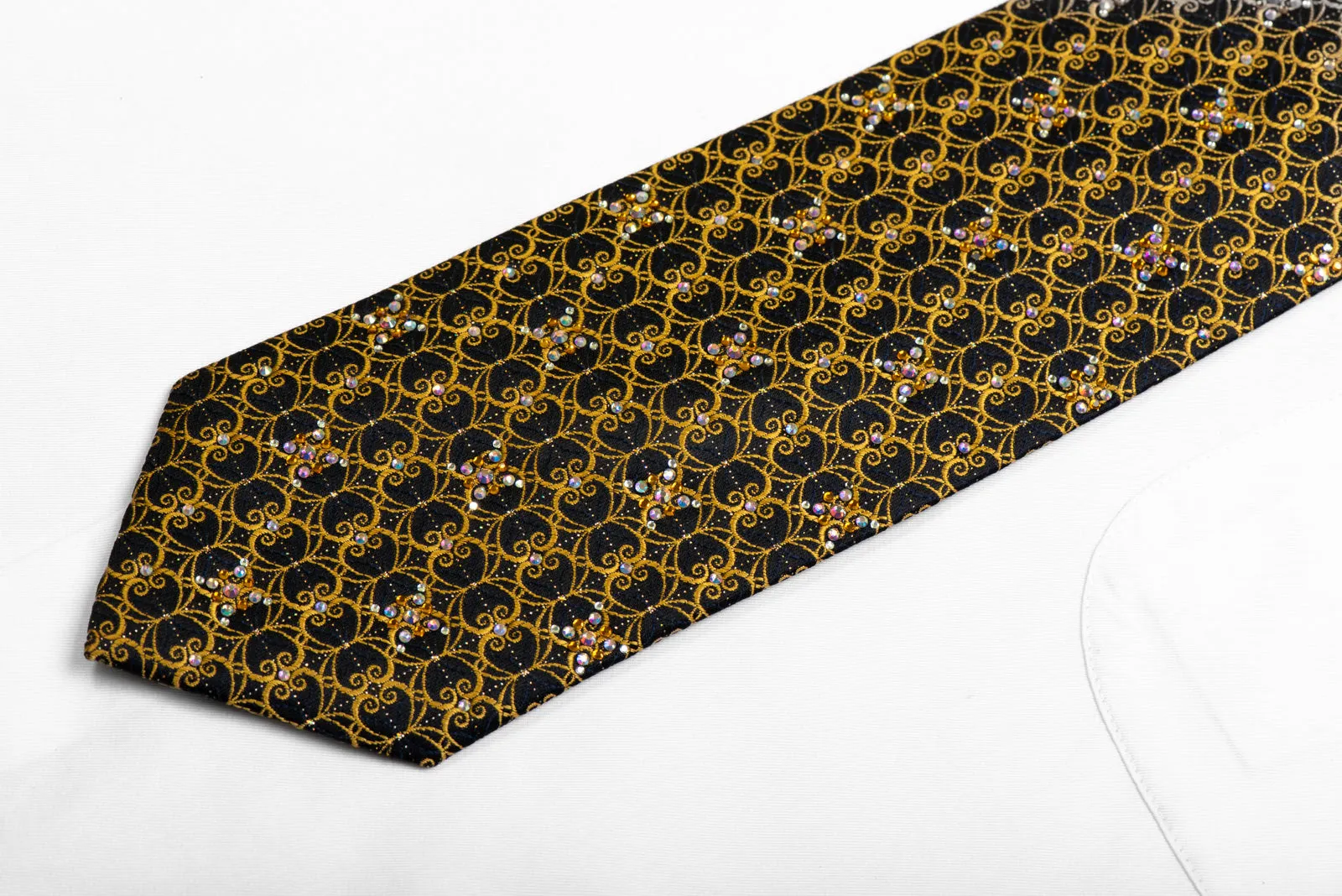 Ungaro Gold Filigree On Black Silk Tie With Rhinestones & Sparkles