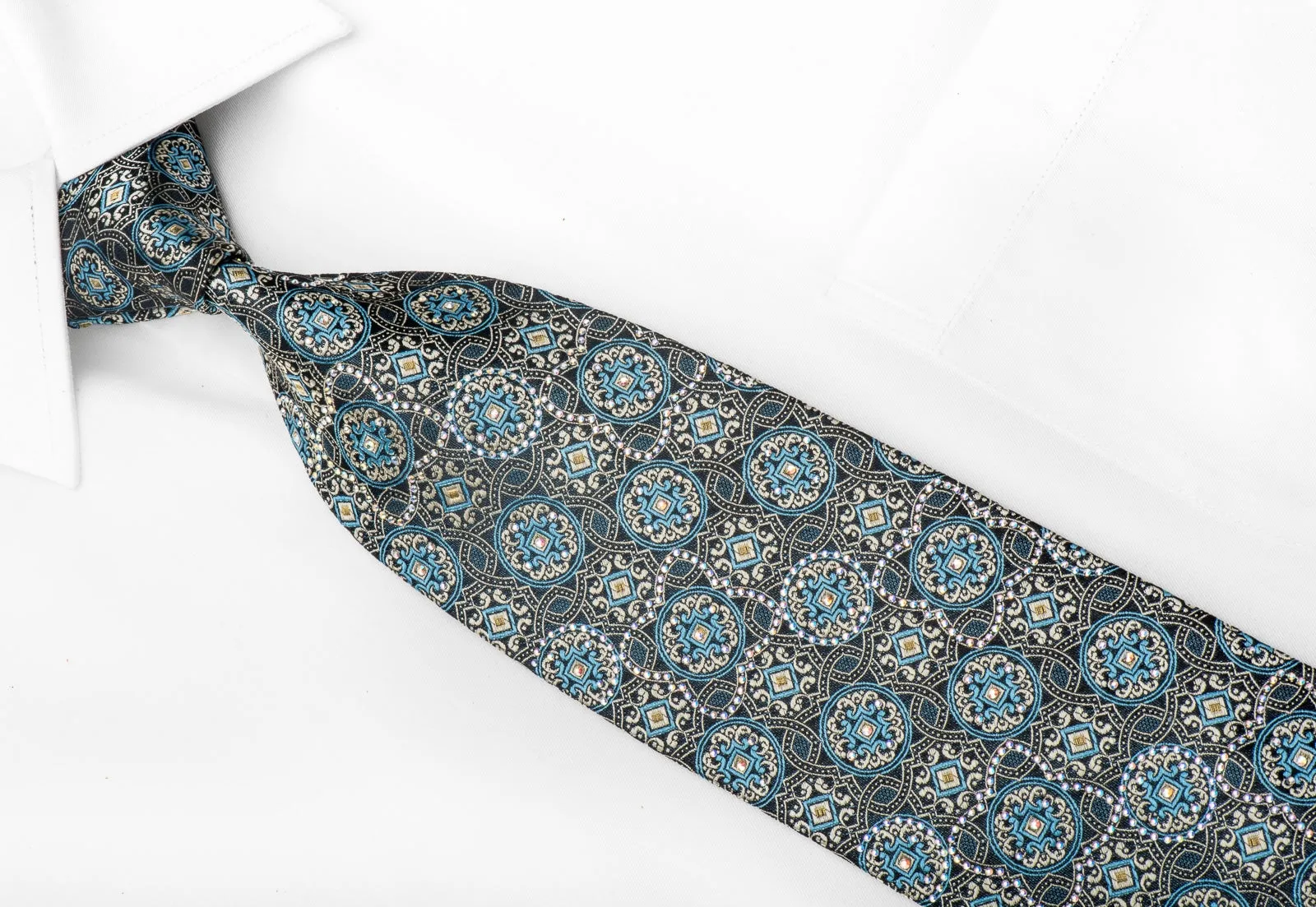 Ungaro Men's Crystal Rhinestone Silk Necktie Silver Blue Medallions On Navy With Gold Sparkles