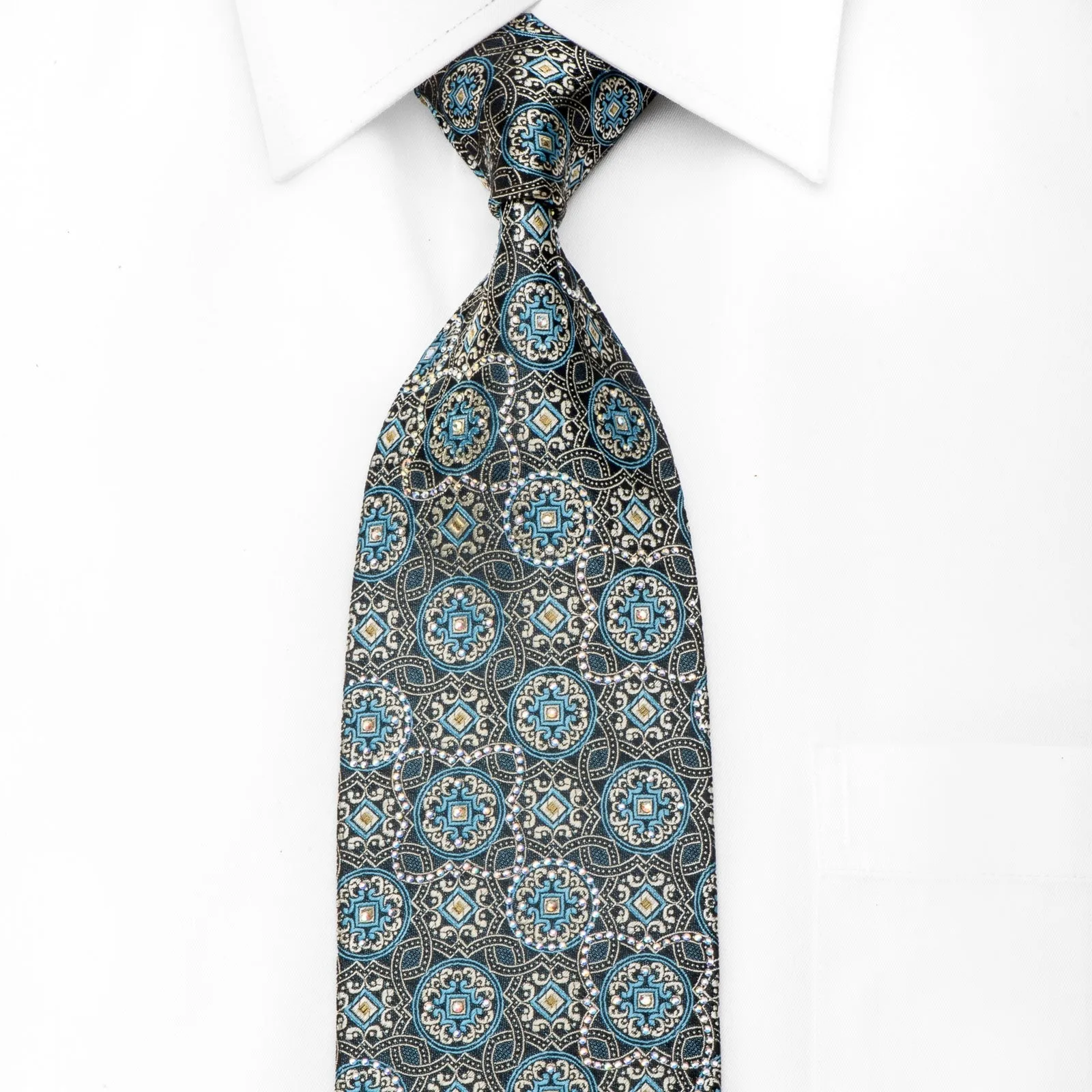 Ungaro Men's Crystal Rhinestone Silk Necktie Silver Blue Medallions On Navy With Gold Sparkles
