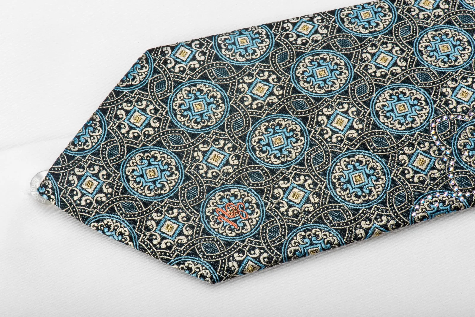 Ungaro Men's Crystal Rhinestone Silk Necktie Silver Blue Medallions On Navy With Gold Sparkles