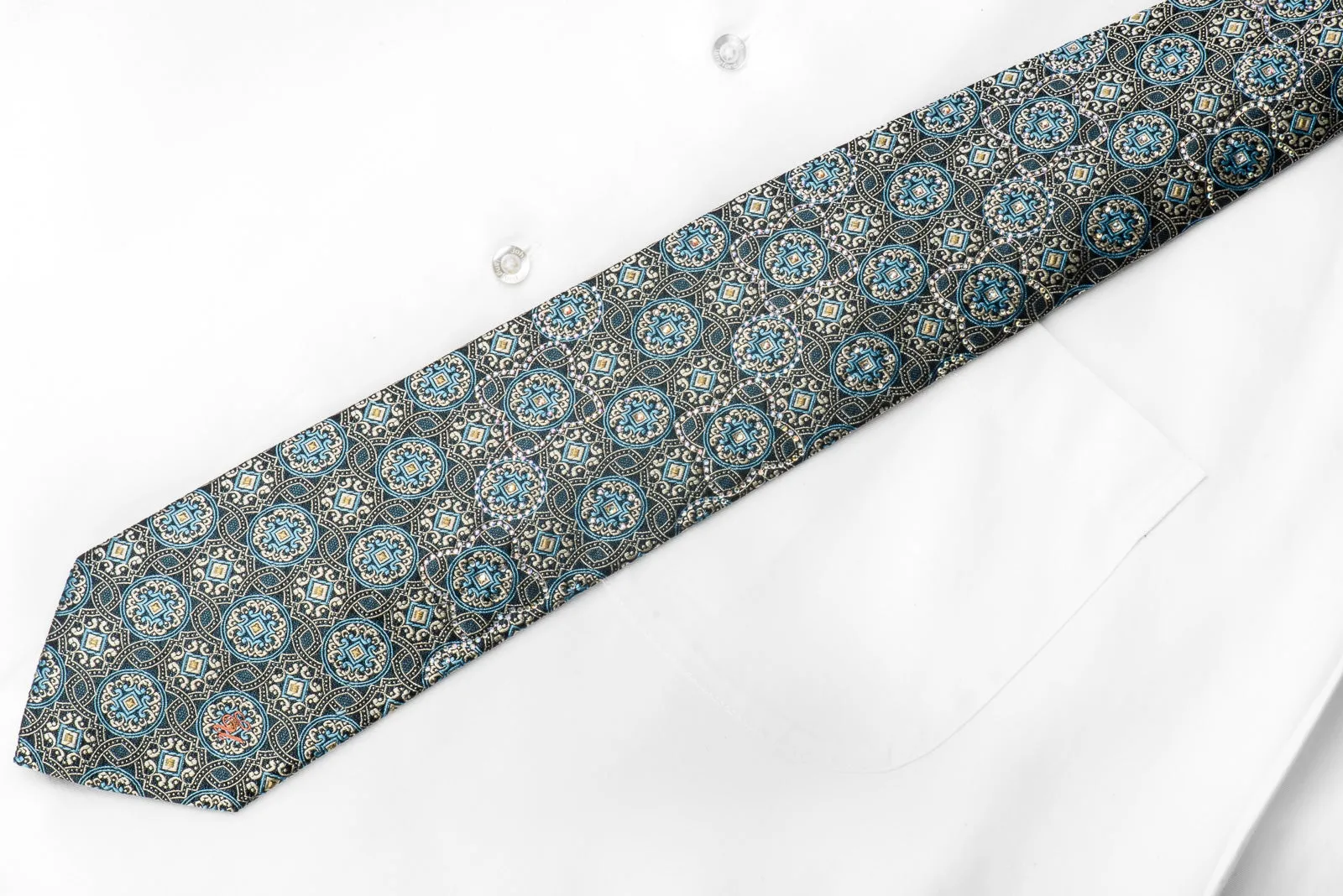Ungaro Men's Crystal Rhinestone Silk Necktie Silver Blue Medallions On Navy With Gold Sparkles