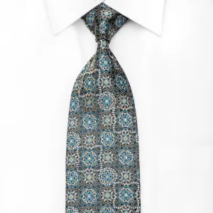 Ungaro Men's Crystal Rhinestone Silk Necktie Silver Blue Medallions On Navy With Gold Sparkles