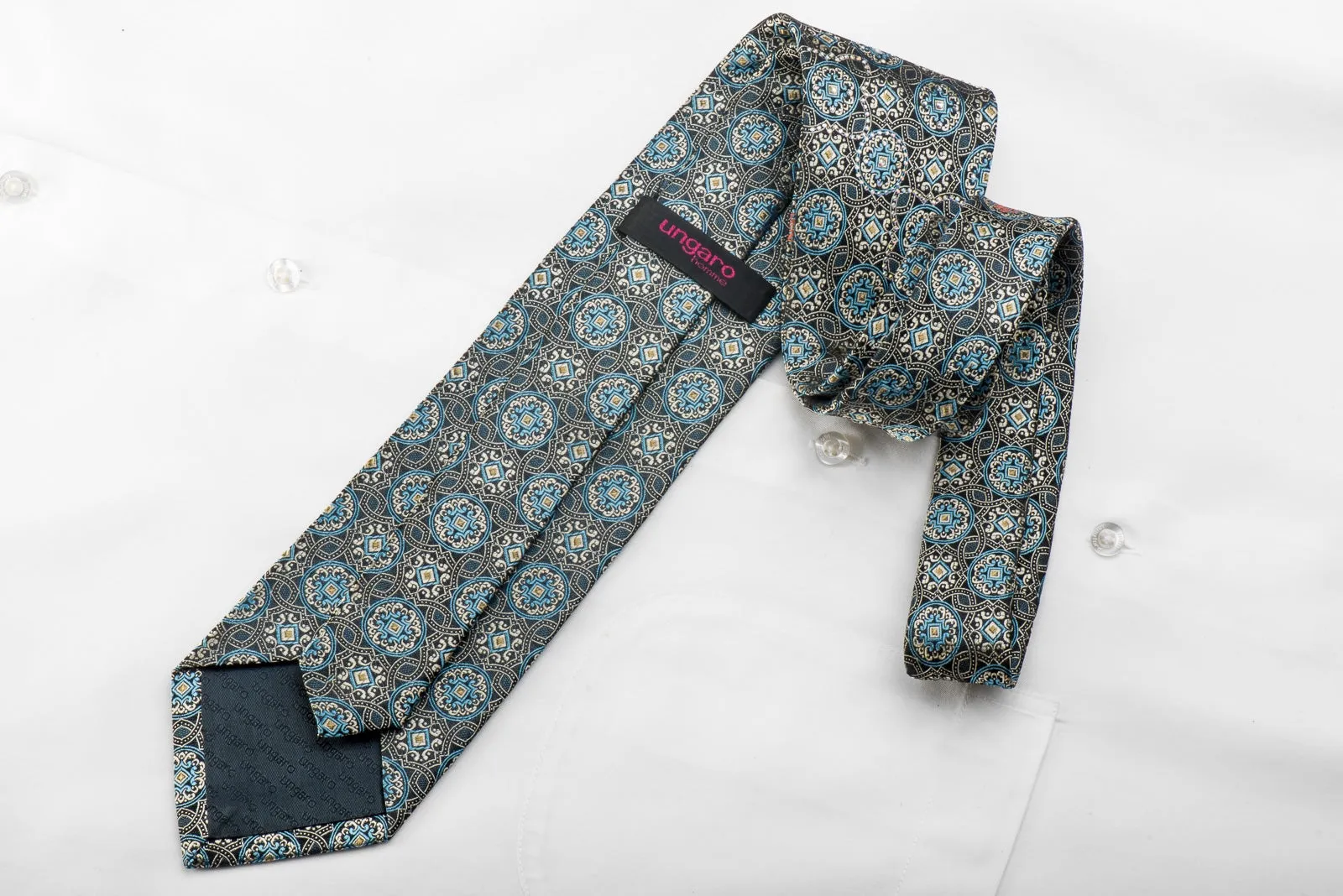 Ungaro Men's Crystal Rhinestone Silk Necktie Silver Blue Medallions On Navy With Gold Sparkles